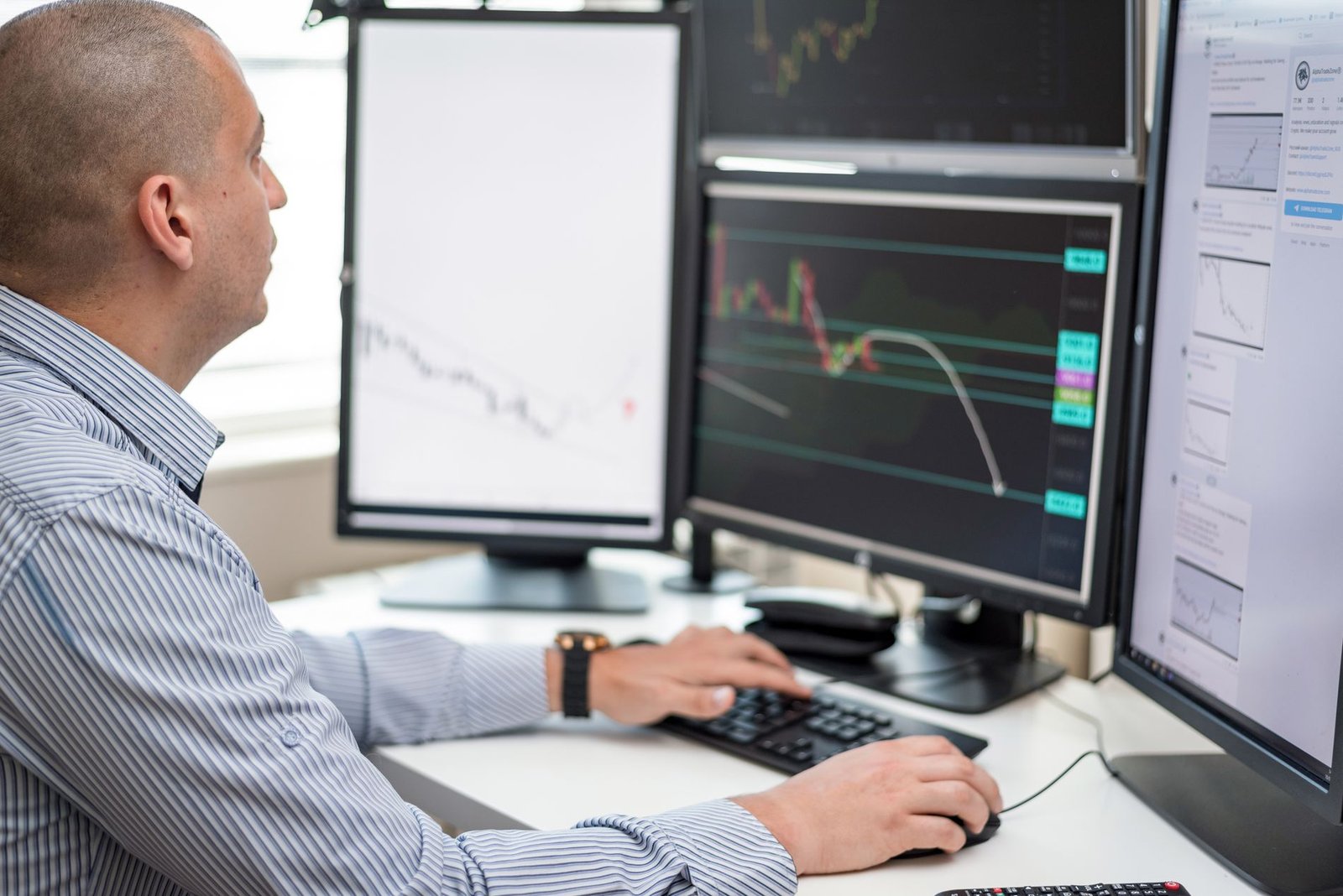 Forex analyst reading EUR/USD structure across three trading monitors